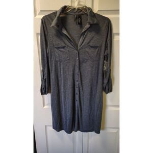 NWT Kristin Nicole XL Gray Button Down Shirt Dress Roll Tab Sleeve Heather
